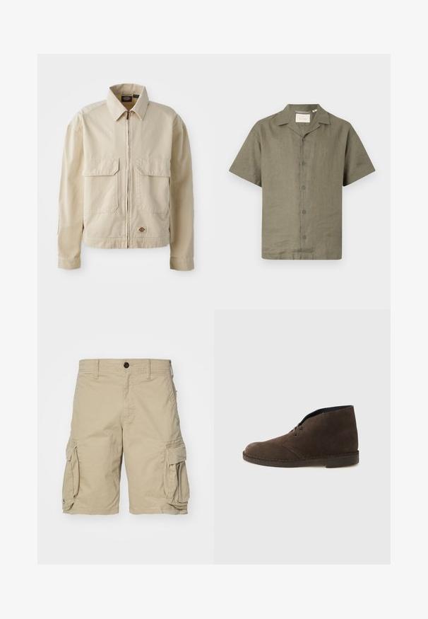 Beige, lichtgewicht jack met een rits aan de voorkant, twee borstzakken en een klein logo aan de onderrand. Gemaakt van duurzaam katoen.; Korte mouw shirt in olijfgroen linnen met een camp collar en zes bijpassende knopen aan de voorkant, met een relaxte pasvorm en gestructureerde stof.; Beige cargoshorts van katoen met zijzakken, een knoopsluiting en een recht gesneden ontwerp. Zachte textuur.; Bruine suède enkellaars met twee veteroogjes, lage hak en gestikte zool op een effen lichtgrijze achtergrond.