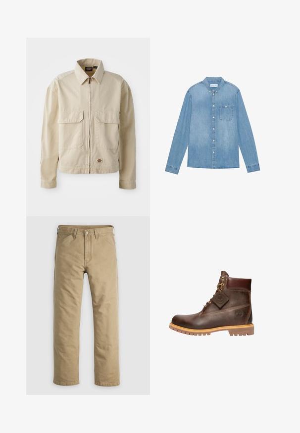 Beige, leichte Jacke mit Reißverschluss, zwei Brusttaschen und kleinem Logo am Saum. Hergestellt aus strapazierfähigem Baumwollmaterial.; Hellblaues Denim-Hemd mit Knopfleiste, langen Ärmeln, spitzem Kragen, einer Brusttasche und dezentem Verblassen des Stoffes.; Khakifarbene Baumwollhose mit geradem Bein, Vordertaschen und Knopfverschluss. Glatte Textur und verstärkte Nähte für Langlebigkeit.; Braune Leder-Ankelstiefel mit runder Zehenpartie, robuster Sohle, goldfarbener Hardware und strukturiertem Obermaterial. Enthält ein angehängtes Logo-Tag.