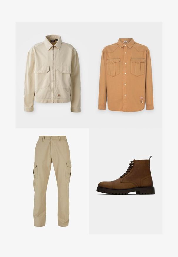 Beige, letvægtsjakke med lynlås foran, to brystlommer og et lille logo ved nederkanten. Lavet af slidstærk bomuldsstof.; Brun denimskjorte med to brystlommer, spids krave, knaplukning foran og kontrastsyning. Indeholder en logo-patch og en løkke detalje.; Beige cargo bukser lavet af bomulds twill, med flere sidelommer, lige ben design og lynlås med bæltestropper.; Brun læder snørefri ankelstøvle med tyk sort sål og hængslet på en hvid baggrund.