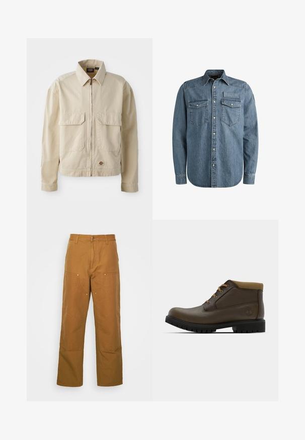 Beige, lichtgewicht jack met een rits aan de voorkant, twee borstzakken en een klein logo aan de onderrand. Gemaakt van duurzaam katoen.; Lichtblauwe denim shirt met lange mouwen, knopen aan de voorkant, twee borstzakken en een verhoogd embleem. Kenmerkt zich door een klassiek western-stijl ontwerp.; Bruine katoenen utility broeken met een rechte pijpdesign, voorzien van voorzakken en metalen hardware accenten voor extra duurzaamheid.; Bruine leren enkellaarzen met een gestructureerde afwerking, tan kleurige stoffen boord, zwarte rubberen zool en bruine veters. Timberland-logo ingedrukt op de zijkant.