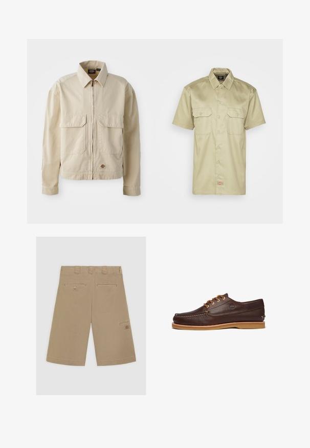 Beige, leichte Jacke mit Reißverschluss, zwei Brusttaschen und kleinem Logo am Saum. Hergestellt aus strapazierfähigem Baumwollmaterial.; Kurzärmeliges, khaki Knopfhemd mit Kragen, zwei Brusttaschen und einem kleinen gestickten Logo am Saum. Glatte Stofftextur.; Helle braune Shorts mit flachem Bund, zwei Gesäßtaschen und einer Seitentasche. Aus glattem Baumwollstoff gefertigt.; Braune Lederschuhe mit strukturierten Oberflächen, runden Zehen, Schnürsystem mit goldenen Ösen und einer hellbraunen Gummisohle.