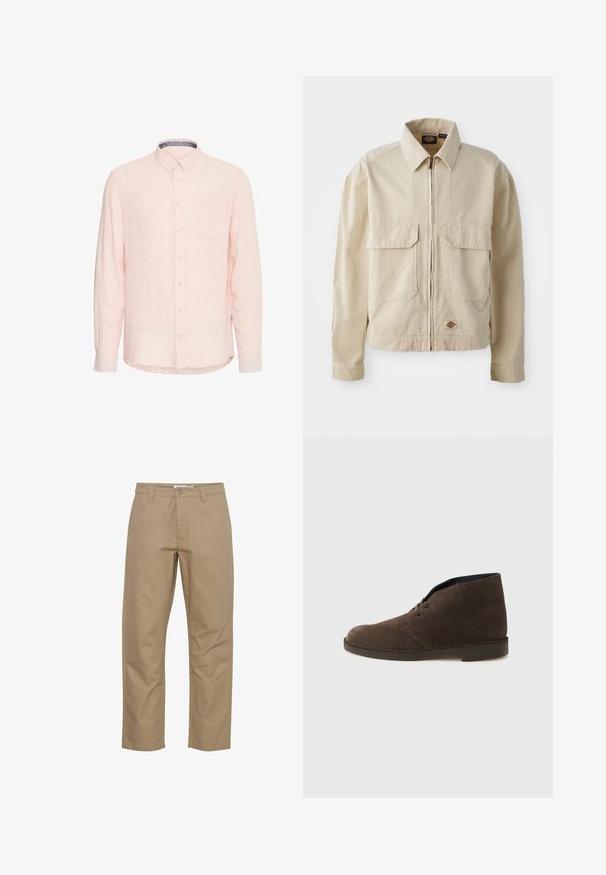 Veste beige légère avec fermeture éclair sur le devant, deux poches poitrine et un petit logo à l'ourlet. Fabriquée en tissu coton durable.; Chemise rose clair à manches longues avec poche, texture rayée et col contrasté. Dotée de poignets boutonnés et d'un ourlet arrondi.; Pantalons en coton beige avec une coupe droite, présentant une fermeture éclair et un bouton à l'avant, des poches latérales et une finition soignée.; Botte cheville en daim marron avec deux œillets, talon bas et semelle cousue sur un fond gris clair uni.