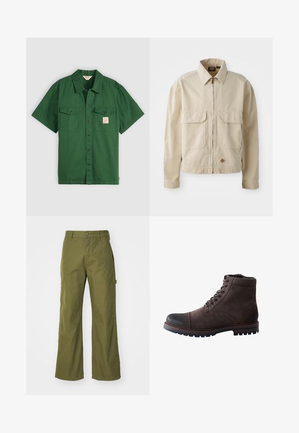 Beige, lichtgewicht jack met een rits aan de voorkant, twee borstzakken en een klein logo aan de onderrand. Gemaakt van duurzaam katoen.; Korte mouwen groene katoenen shirt met knoopsluiting, twee borstzakken en een klein label op de linkse zak. Effen, geen patronen.; Olijfgroene wijde broek van duurzaam materiaal, met een knoopsluiting, zijzakken en een rechte zoom.; Donkerbruine suède veterlaars tot aan de enkel met verstevigde zwarte neuskap en robuuste rubberen zool.