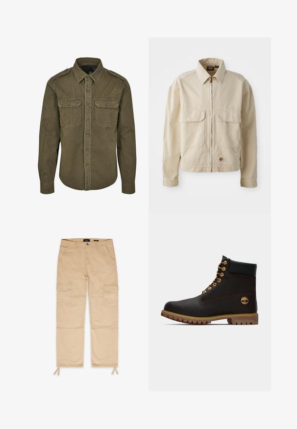 Chaqueta ligera beige con cremallera en el frente, dos bolsillos en el pecho y un pequeño logo en el dobladillo. Fabricada con un duradero tejido de algodón.; Camisa verde oliva de botones hecha de algodón. Cuenta con un cuello, dos bolsillos en el pecho con solapas y hombros estructurados con costuras visibles.; Pantalones cargo beige con dos bolsillos frontales y dos bolsillos laterales. Presenta cordones elásticos en los tobillos y detalles de costura reforzada.; Bota de cuero negro de tobillo con ojales dorados, acentos marrones y suela de goma. Presenta un cuello acolchado y un logotipo en relieve en el costado.