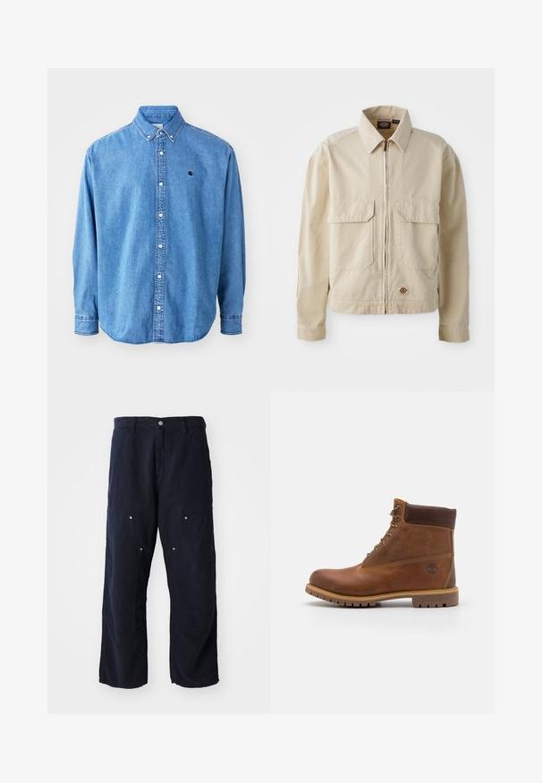 Beige, kevyt takki, jonka edessä on vetoketju, kaksi rintataskua ja pieni logo helmassa. Valmistettu kestävästä puuvillakankaasta.; Denim-paitapaita, vaaleansininen, jossa on kaulus, pitkät hihat ja pieni logo rinnassa. Valkoiset napit ja ommeltu sauma.; Tummansiniset leveälahkeiset housut, jotka on valmistettu puuvillasta ja joissa on tekstuuri. Ominaisuuksiin kuuluvat kaksi etutaskua, joissa on nappikoristeet, sekä etunappisuljenta.; Ruske kožne planinarske čizme s glatkom površinom, podstavljenim gležnjem, metalnim rupama za vezivanje i gumeni potplat s robusnim uzorkom.