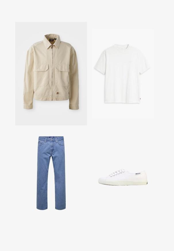 Veste beige légère avec fermeture éclair sur le devant, deux poches poitrine et un petit logo à l'ourlet. Fabriquée en tissu coton durable.; T-shirt en coton blanc à manches courtes, col rond, avec un logo "Levi's" discret imprimé en couleur claire sur le devant.; Jean droit en denim bleu avec bouton et fermeture éclair à l'avant, passants pour ceinture, et poches avant et arrière.; Baskets basses en toile blanche avec lacets blancs, semelle en caoutchouc et petit logo noir "Superga" près du talon sur fond blanc.