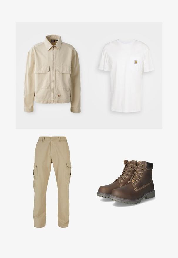 Beige, leichte Jacke mit Reißverschluss, zwei Brusttaschen und kleinem Logo am Saum. Hergestellt aus strapazierfähigem Baumwollmaterial.; Weißes Baumwoll-T-Shirt mit kurzen Ärmeln, einer Brusttasche und einem kleinen quadratischen Logopatch in Orange und Weiß auf der Tasche.; Beige Cargo-Hosen aus Baumwolltwill mit mehreren Seitentaschen, geradem Bein Design und einem Reißverschluss mit Gürtelschlaufen.; Braune Leder-Ankle-Boots mit Schnürung, gepolstertem Kragen, kontrastierenden Nähten und rutschfester Gummisohle mit Trittmuster.