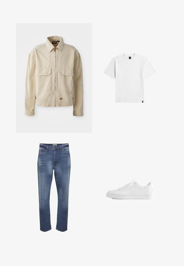 Beige, lichtgewicht jack met een rits aan de voorkant, twee borstzakken en een klein logo aan de onderrand. Gemaakt van duurzaam katoen.; Effen wit T-shirt met korte mouwen en een ronde hals, met een klein zwart label op de kraag en een bruin etiket aan de onderzoom.; Denim jeans in middelblauw met een vervaagde afwerking, vijf zakken ontwerp, ritsvlieg, en een standaard rechte pijp snit. Kenmerkende stikseldetails.; Witte lage sneaker met veters, glad leren bovenwerk en een platte rubberen zool, vanaf de zijkant op een witte achtergrond.