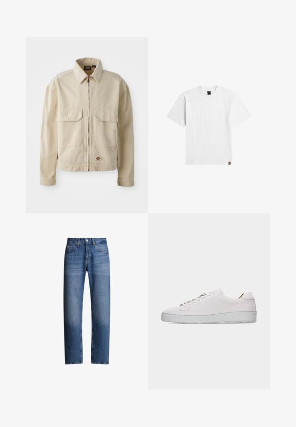 Beige, leichte Jacke mit Reißverschluss, zwei Brusttaschen und kleinem Logo am Saum. Hergestellt aus strapazierfähigem Baumwollmaterial.; Schlichtes weißes T-Shirt mit kurzen Ärmeln und Rundhalsausschnitt, mit einem kleinen schwarzen Etikett am Kragen und einem braunen Label am unteren Saum.; Blaue Jeans aus Denim mit geradem Schnitt, fünf Taschen und Reißverschluss. Verfügt über eine leichte Ausbleichung und Nähte entlang der Nähte.; Weißer Sneaker aus Leder im Low-Top-Stil mit weißen Schnürsenkeln, flacher strukturierter Gummisohle und minimaler Naht, von der Außenseite auf weißem Hintergrund gezeigt.
