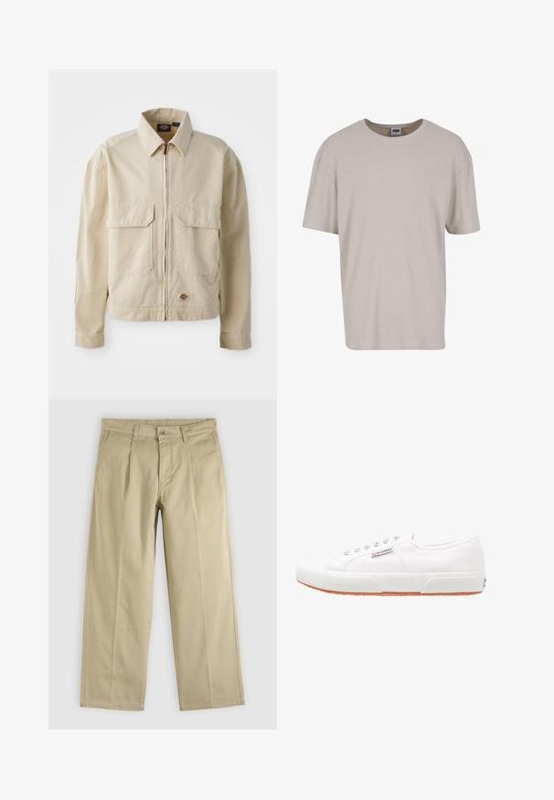 Veste beige légère avec fermeture éclair sur le devant, deux poches poitrine et un petit logo à l'ourlet. Fabriquée en tissu coton durable.; T-shirt beige clair à manches courtes en tissu texturé, avec un col rond et une coupe ample. Aucun motif ni matériel visible.; Pantalon beige droit avec plis sur le devant, passants pour ceinture, poches latérales et fermeture par bouton à la taille.; Baskets en toile blanches avec une semelle en caoutchouc, design à lacets et une petite étiquette logo sur le côté. Tige blanche texturée et semelle extérieure marron.