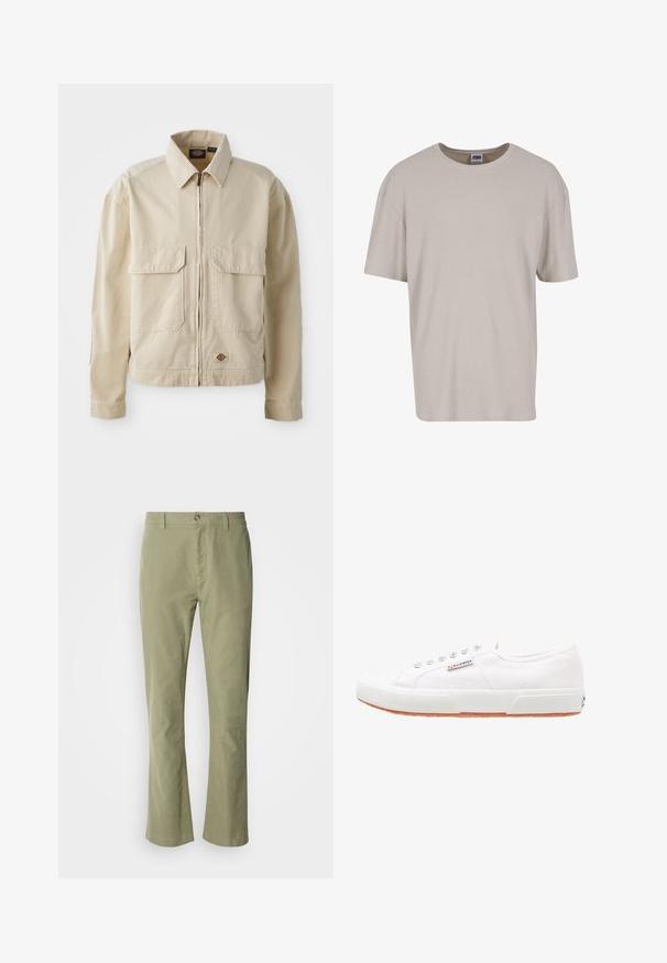 Veste beige légère avec fermeture éclair sur le devant, deux poches poitrine et un petit logo à l'ourlet. Fabriquée en tissu coton durable.; T-shirt beige clair à manches courtes en tissu texturé, avec un col rond et une coupe ample. Aucun motif ni matériel visible.; Pantalon en coton vert clair avec une coupe droite, doté d'une fermeture à bouton à l'avant et d'une texture discrète. Aucun motif ou accent visible.; Baskets en toile blanches avec une semelle en caoutchouc, design à lacets et une petite étiquette logo sur le côté. Tige blanche texturée et semelle extérieure marron.