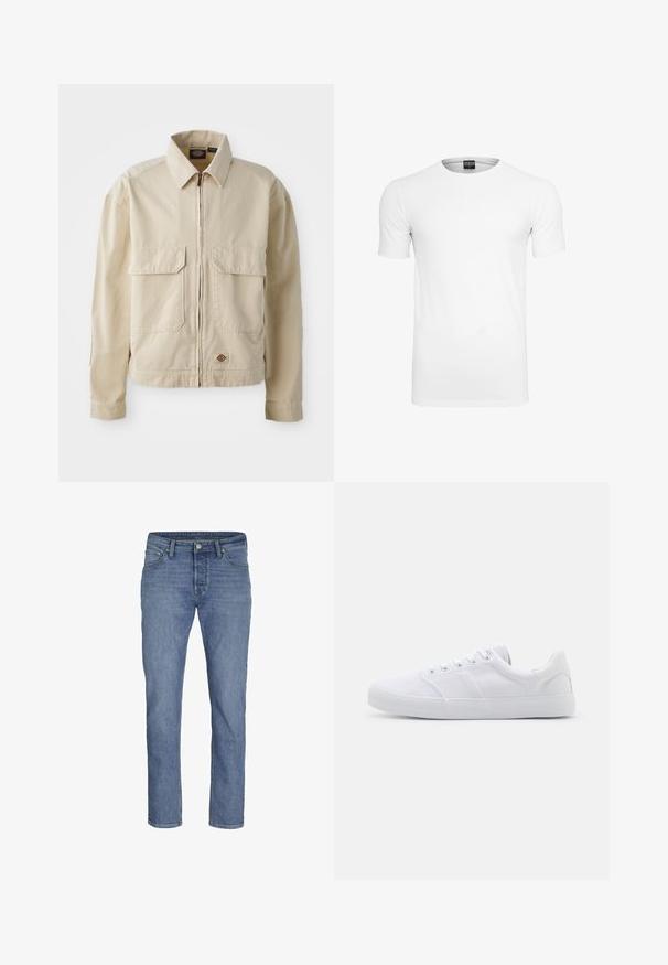 Beige, leichte Jacke mit Reißverschluss, zwei Brusttaschen und kleinem Logo am Saum. Hergestellt aus strapazierfähigem Baumwollmaterial.; Schlichtes weißes T-Shirt mit kurzen Ärmeln und Rundhalsausschnitt, mit einem schwarzen Label innen im Kragen vor weißem Hintergrund.; Hellblaue Jeans aus Denim mit geradem Bein, fünf Taschen und einem vorderen Knopfverschluss mit kontrastierenden Nähten.; Weiße Leinenschuhe mit Gummisohle, ausgestattet mit sechs Ösen, einer strukturierten Zehenkappe und minimalistischer Gestaltung.
