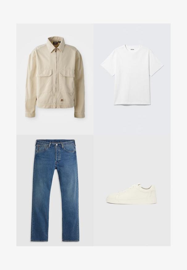 Beige, leichte Jacke mit Reißverschluss, zwei Brusttaschen und kleinem Logo am Saum. Hergestellt aus strapazierfähigem Baumwollmaterial.; Weißes T-Shirt mit kurzen Ärmeln und Rundhalsausschnitt, flach liegend, schlichtes Design, mit „WEEKDAY“-Etikett innen im Kragen auf hellem Hintergrund.; Blaue geradlinige Jeans aus Denim mit fünf Taschen, Gürtelschlaufen sowie einem Verschluss mit Knopf und Reißverschluss auf einem schlichten Hintergrund.; Weißer Sneaker aus Leder mit niedrigem Schaft, Schnürverschluss und flacher Sohle vor einfarbigem hellgrauem Hintergrund, Seitenansicht.