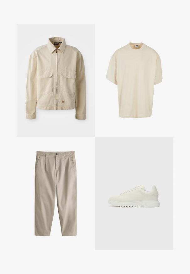 Beige, lichtgewicht jack met een rits aan de voorkant, twee borstzakken en een klein logo aan de onderrand. Gemaakt van duurzaam katoen.; Crème-kleurig t-shirt met korte mouwen, met een ontspannen pasvorm en ronde hals; gemaakt van zachte katoen, met subtiele stikdetails.; Beige rechte broek met riemlussen, vooraan een knoop, ritssluiting en schuine zijzakken.; Witte leren sneaker met een textuur bovenkant, ronde neus, vlakke witte zool en tonale veters. Subtiele branding op de tong.