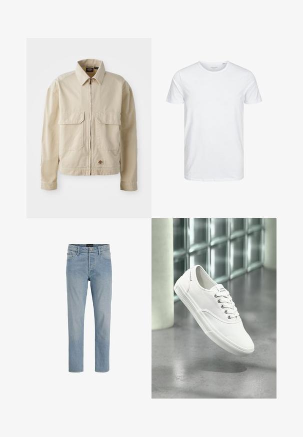 Beige, leichte Jacke mit Reißverschluss, zwei Brusttaschen und kleinem Logo am Saum. Hergestellt aus strapazierfähigem Baumwollmaterial.; Rundhals-T-Shirt mit kurzen Ärmeln in reinem Weiß, aus weicher Baumwolle, mit einem schlichten Design ohne sichtbare Muster oder Akzente.; Hellblaue Denim-Jeans mit geradem Schnitt, fünf Taschen, Knopfverschluss und einem leicht ausgewaschenen Finish.; Weißer niedriger Canvas-Sneaker mit Schnürsenkeln, beschriftet mit Tommy Hilfiger, schwebt über einem glatten grauen Boden nahe einer Glasbausteinwand.