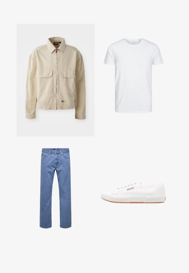 Veste beige légère avec fermeture éclair sur le devant, deux poches poitrine et un petit logo à l'ourlet. Fabriquée en tissu coton durable.; T-shirt à col rond à manches courtes de couleur blanche unie, fabriqué en coton doux, avec un design simple sans motifs ni accents visibles.; Jean droit en denim bleu avec bouton et fermeture éclair à l'avant, passants pour ceinture, et poches avant et arrière.; Baskets en toile blanches avec une semelle en caoutchouc, design à lacets et une petite étiquette logo sur le côté. Tige blanche texturée et semelle extérieure marron.
