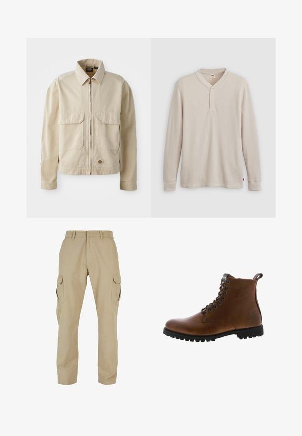 Chaqueta ligera beige con cremallera en el frente, dos bolsillos en el pecho y un pequeño logo en el dobladillo. Fabricada con un duradero tejido de algodón.; Camisa tipo henley de manga larga en tejido acanalado color beige claro, con escote en V,tapeta de tres botones, y mangas con puños. Etiqueta de logo roja en el dobladillo.; Pantalones cargo beige de algodón twill, con múltiples bolsillos laterales, diseño de pierna recta y cierre con cremallera y pasadores para cinturón.; Botas de cuero marrón hasta el tobillo con acabado texturizado, ojales de metal y suela de goma negra con protuberancias. Presenta una lengüeta en la parte posterior para facilitar su uso.