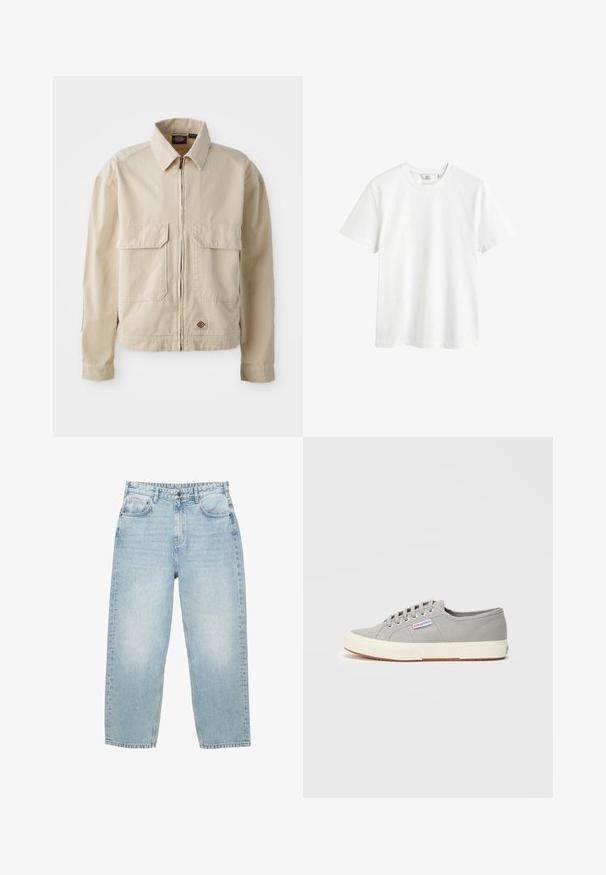 Beige, letvægtsjakke med lynlås foran, to brystlommer og et lille logo ved nederkanten. Lavet af slidstærk bomuldsstof.; Hvid bomulds t-shirt med rund hals, korte ærmer og en afslappet pasform. Glat tekstur uden synlige mønstre eller detaljer.; Lyseblå høj talje denim jeans med lige ben, for- og baglommer samt lukning med knap og synlig syning.; Lysegrå lavtop lærreds-sneaker med hvid gummisål og snørebånd, med et lille sideskilt med mærkenavnet "Superga."