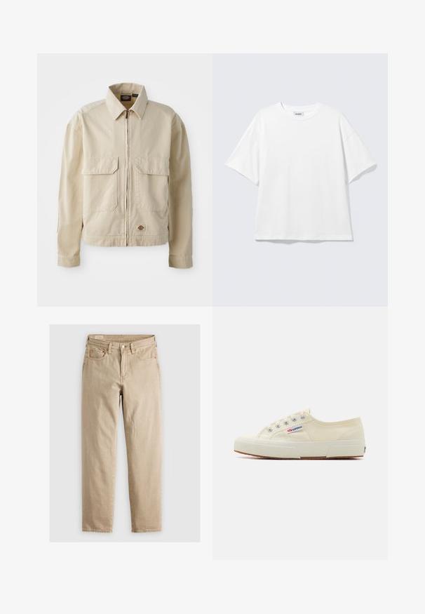 Beige, kevyt takki, jonka edessä on vetoketju, kaksi rintataskua ja pieni logo helmassa. Valmistettu kestävästä puuvillakankaasta.; Valkoinen ylisuurikokoinen lyhythihainen pyöreäkauluksinen t-paita tiputetuin hartioin, litteänä vaalean harmaan taustan päällä.; Vaaleat farkut, joissa on suora leikkaus, viisi taskua, etupainike ja huomaamattomat tikkaustiedot. Sujuva tekstuuri, rento muotoilu.; Vaaleanbeige canvas-kengät, joissa on matala profiili, metalliset nauhoitteet ja kumipohja. Kengissä on teksturoitu kuviointi ja logotieto sivussa.
