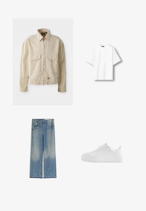 Veste beige légère avec fermeture éclair sur le devant, deux poches poitrine et un petit logo à l'ourlet. Fabriquée en tissu coton durable.; T-shirt blanc uni à manches courtes, coupe ample, col rond et étiquette noire à l'intérieur du col arrière, présenté sur un fond clair.; Jean large en denim bleu clair avec un délavage, comportant deux poches avant, une fermeture par bouton et une coupe droite avec des ourlets nets.; Baskets basses blanches avec semelle épaisse, lacets à l’avant et petits trous de ventilation sur le côté, montrées en profil latéral.
