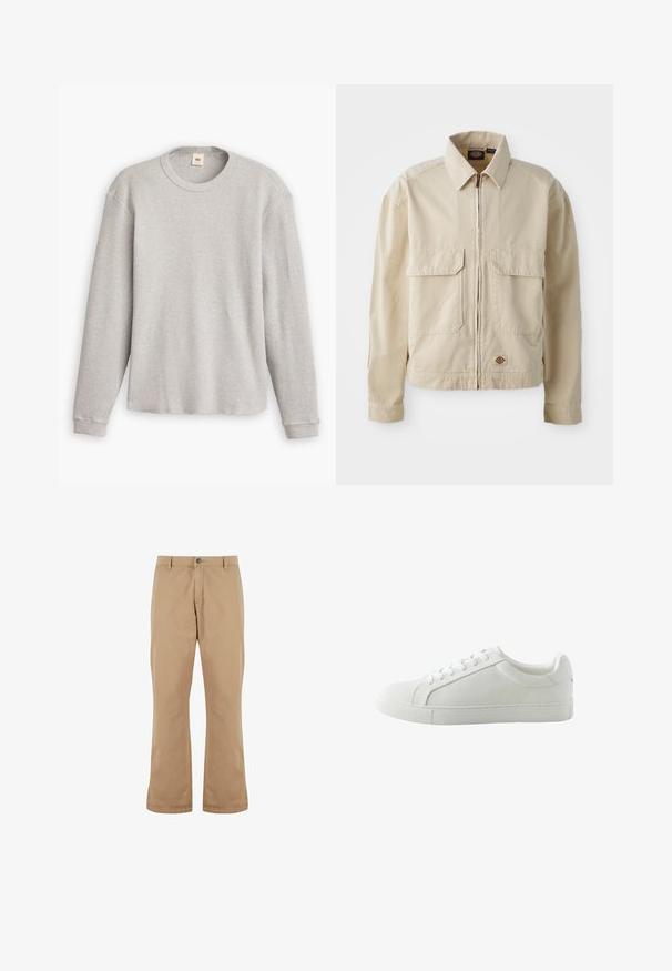 Beige, lichtgewicht jack met een rits aan de voorkant, twee borstzakken en een klein logo aan de onderrand. Gemaakt van duurzaam katoen.; Grijze lange mouwen trui van gebreid materiaal met een geribbeld patroon, ronde halslijn en rechte zoom. De manchetten zijn aansluitend en gemaakt van zachte stof.; Beige katoenen broek met een rechte snit, voorzien van een knoopsluiting, zijzakken en een gladde textuur.; Witte lage sneaker met veters, glad bovenwerk en platte rubberen zool, afgebeeld vanuit de binnenkant zijkant op een witte achtergrond.