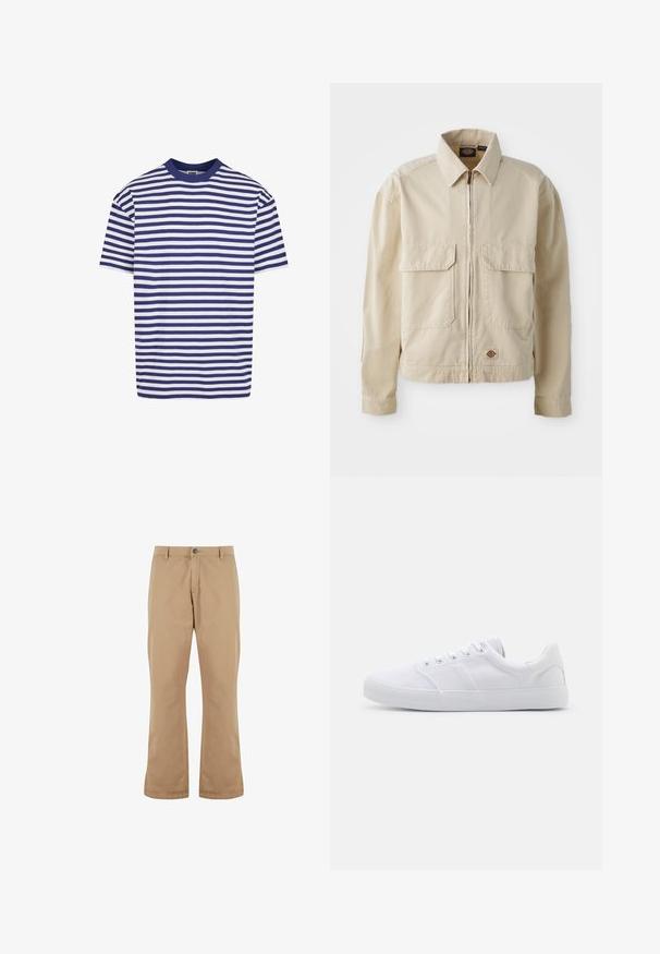 Beige, lichtgewicht jack met een rits aan de voorkant, twee borstzakken en een klein logo aan de onderrand. Gemaakt van duurzaam katoen.; Korte mouwen gestreept t-shirt met marineblauwe en witte horizontale strepen, ronde hals, relaxed fit en zachte katoenen stof.; Beige katoenen broek met een rechte snit, voorzien van een knoopsluiting, zijzakken en een gladde textuur.; Witte canvas sneakers met een rubberen zool, voorzien van zes oogjes, een gestructureerde neuskap en een minimalistisch ontwerp.