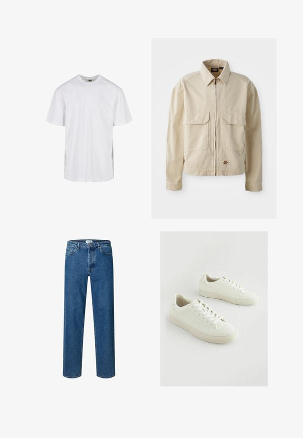 Beige, lichtgewicht jack met een rits aan de voorkant, twee borstzakken en een klein logo aan de onderrand. Gemaakt van duurzaam katoen.; Eenvoudig wit T-shirt met korte mouwen en ronde hals, met een losse pasvorm, afgebeeld tegen een witte achtergrond.; Blauwe straight-leg denim jeans met knoop- en ritssluiting, ceintuurlussen en een vijfzakkenontwerp.; Witte sneakers van gestructureerd synthetisch materiaal, met een ronde neus, veterontwerp en een licht verhoogde rubberen zool.