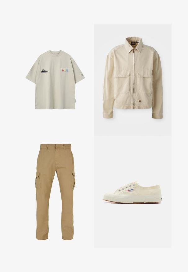 Veste beige légère avec fermeture éclair sur le devant, deux poches poitrine et un petit logo à l'ourlet. Fabriquée en tissu coton durable.; T-shirt oversize beige à manches courtes, avec le texte « another » et trois petits patchs colorés sur le devant.; Pantalons cargo beiges avec deux poches latérales, conception à jambe droite, fabriqués en tissu durable, avec des détails de couture et des passants de ceinture.; Baskets en toile beige au design épuré, œillets en métal et semelle en caoutchouc. Présente un motif texturé et un détail de logo sur le côté.