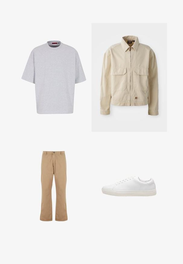 Beige, letvægtsjakke med lynlås foran, to brystlommer og et lille logo ved nederkanten. Lavet af slidstærk bomuldsstof.; Lys grå oversized t-shirt, korte ærmer, rund halsudskæring, lavet af blødt stof, har en lige kant uden mønstre eller dekorationer.; Beige bomuldsbukser med lige pasform, der har knaplukning, forlommer og en glat tekstur.; Hvide lædersneakers med en glat overflade, rund tå, snørebåndslukning og flad gummisål. Minimalistisk design uden synlige mønstre.