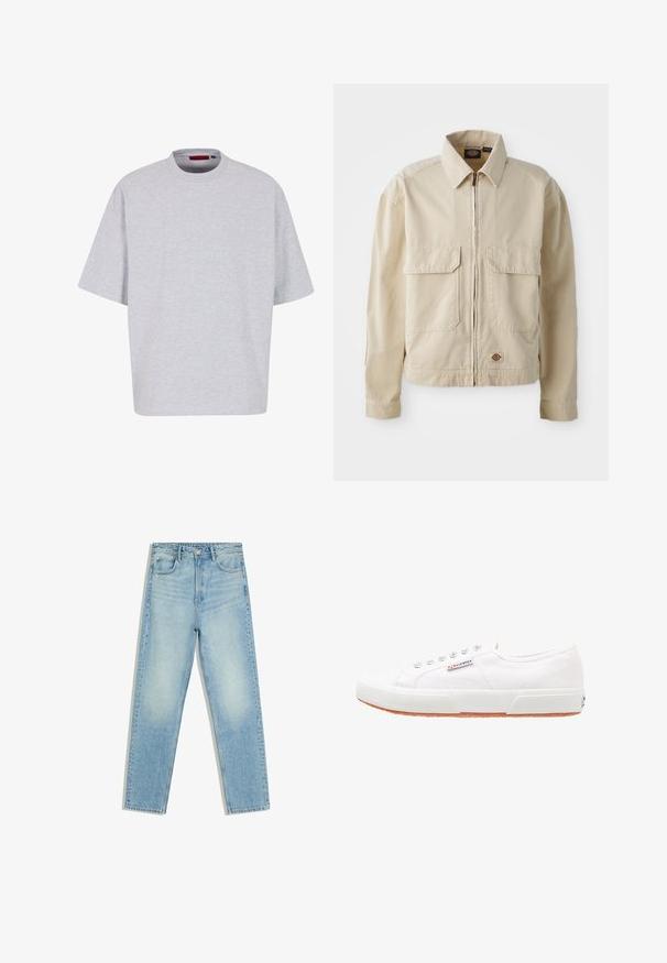 Beige, leichte Jacke mit Reißverschluss, zwei Brusttaschen und kleinem Logo am Saum. Hergestellt aus strapazierfähigem Baumwollmaterial.; Hellgraues, übergroßes T-Shirt mit kurzen Ärmeln, Rundhalsausschnitt, aus weichem Material, mit geradem Saum ohne Muster oder Verzierungen.; Hellblaue Jeans mit hoher Taille und geradem Bein, mit Taschen vorne und hinten sowie Knopfverschluss vor weißem Hintergrund.; Weiße Leinensneaker mit Gummisohle, Schnürdesign und einem kleinen Logolabel an der Seite. Strukturierte weiße Oberseite und braune Außensohle.