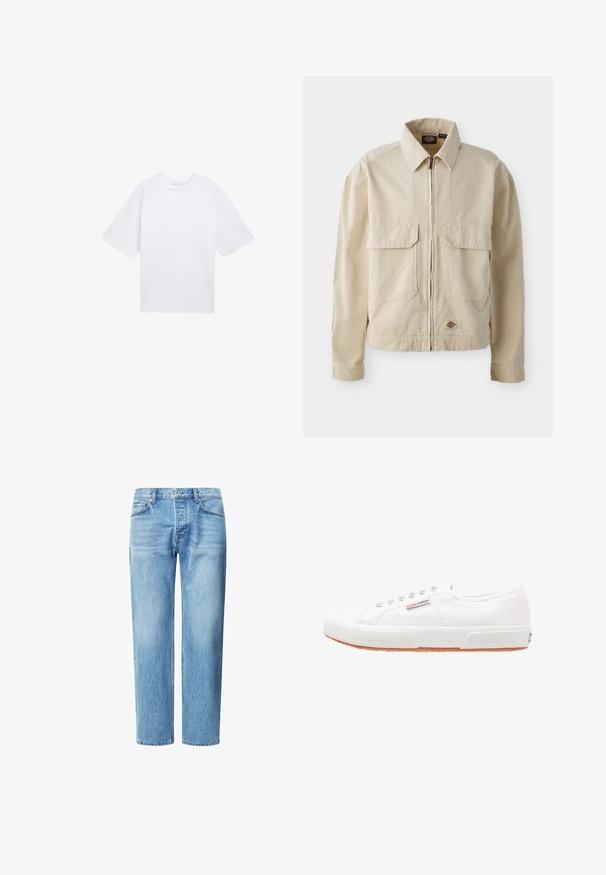 Chaqueta ligera beige con cremallera en el frente, dos bolsillos en el pecho y un pequeño logo en el dobladillo. Fabricada con un duradero tejido de algodón.; Camiseta blanca de manga corta hecha de algodón. Corte relajado con cuello redondo. Textura suave y sin patrones o acentos visibles.; Jeans de denim azul claro con corte recto, cinco bolsillos y un cierre clásico de botón y cremallera. Textura sutilmente desvanecida en todo su exterior.; Zapatillas de lona blancas con suela de goma, diseño de cordones y una pequeña etiqueta con el logo en el lateral. Parte superior texturizada blanca y suela marrón.
