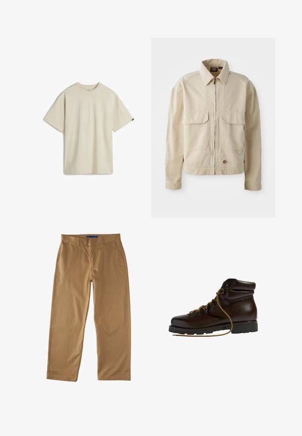 Beige, lichtgewicht jack met een rits aan de voorkant, twee borstzakken en een klein logo aan de onderrand. Gemaakt van duurzaam katoen.; Beige katoenen T-shirt met korte mouwen, een ronde hals en een klein wit logo op de borst. Soepele textuur met een ontspannen pasvorm.; Beige katoenen chinos met een recht model, met twee frontzakken, een achterzak en een knoopsluiting. Glad textuur.; Bruine leren wandelschoen met een ronde neus, gestructureerd oppervlak, gele veters en metalen oogjes. Heeft een robuuste zwarte rubberen zool.
