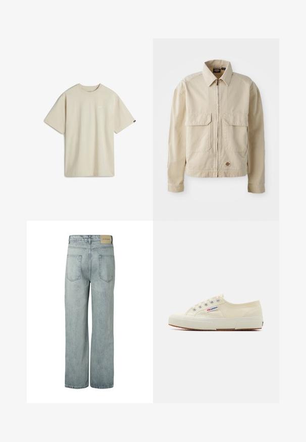 Beige, letvægtsjakke med lynlås foran, to brystlommer og et lille logo ved nederkanten. Lavet af slidstærk bomuldsstof.; Beige bomulds T-shirt med korte ærmer, rund halsudskæring og et lille hvidt logo på brystet. Glat tekstur med en afslappet pasform.; Lyseblå lige-cut denim jeans med to baglommer og en beige mærkeetiket på linningen.; Beige lærredssneaker med et lavprofildesign, metaløjet og gummisål. Har et tekstureret mønster og logodetalje på siden.