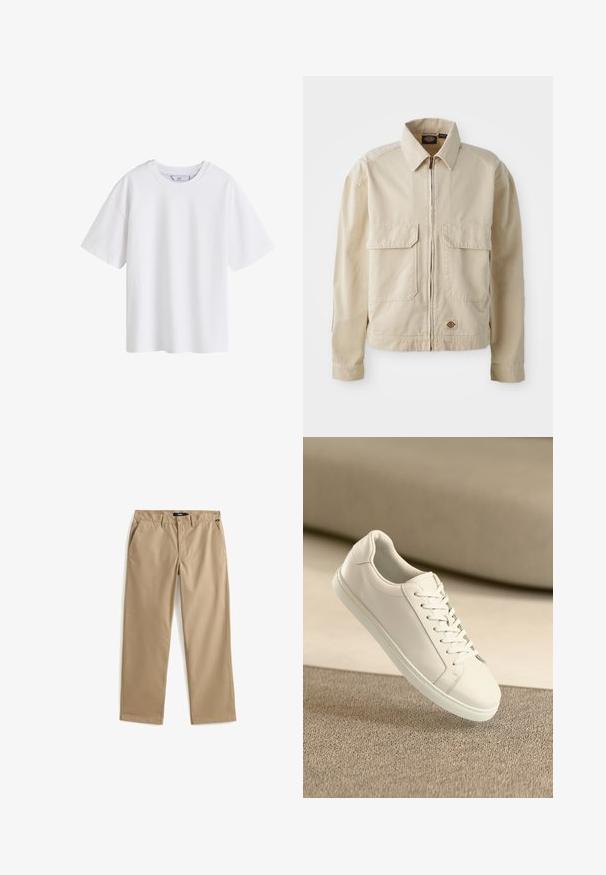 Veste beige légère avec fermeture éclair sur le devant, deux poches poitrine et un petit logo à l'ourlet. Fabriquée en tissu coton durable.; T-shirt blanc uni en coton à manches courtes avec col rond, présenté de face sur fond blanc.; Pantalon chino beige à coupe droite en tissu de coton léger. Comprend deux poches avant et une fermeture à bouton. Texture lisse, détails minimalistes.; Baskets en cuir blanc avec des lacets blancs, exposées sur une surface beige texturée et avec un arrière-plan flou doux.