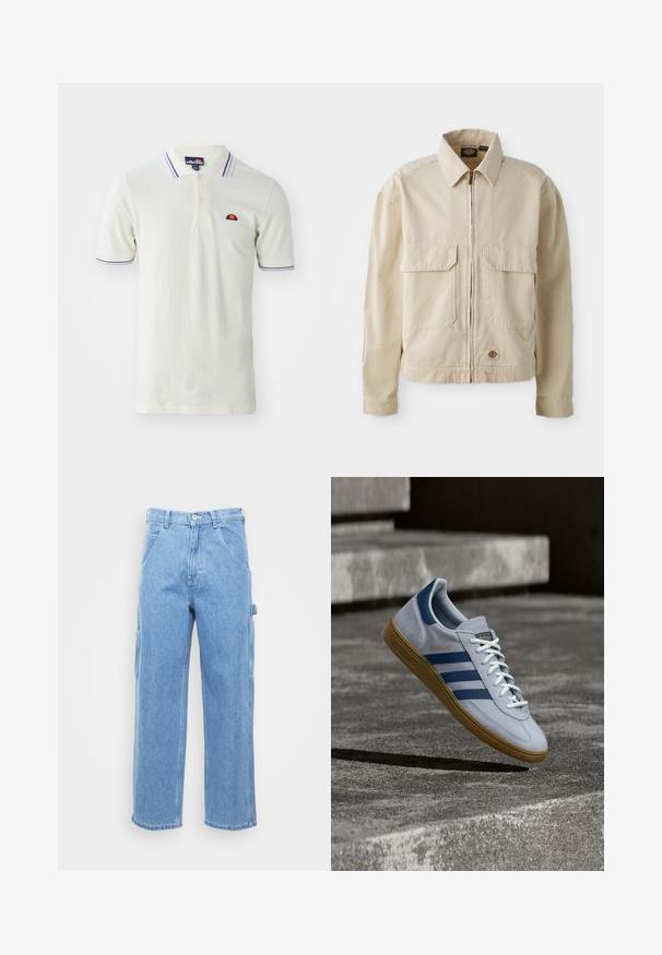 Veste beige légère avec fermeture éclair sur le devant, deux poches poitrine et un petit logo à l'ourlet. Fabriquée en tissu coton durable.; T-shirt polo blanc avec une patte de boutonnage à deux boutons, ornée de rayures bleues et violettes sur le col et les manches, et un petit logo brodé.; Pantalons cargo en denim bleu clair avec jambe droite, poches avant et poches cargo sur le côté. La texture du tissu est lisse avec une finition légèrement délavée.; Baskets Adidas Spezial bleu clair avec des rayures bleu marine et une semelle en gomme, montrées en l'air au-dessus d'escaliers en béton dans un environnement extérieur neutre.