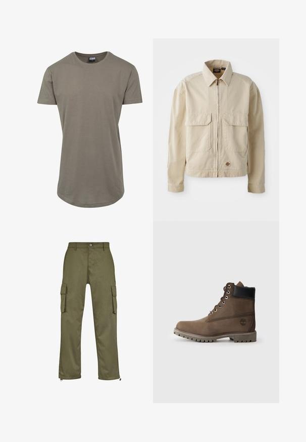 Chaqueta ligera beige con cremallera en el frente, dos bolsillos en el pecho y un pequeño logo en el dobladillo. Fabricada con un duradero tejido de algodón.; Camiseta verde oliva fabricada en algodón suave, con un escote redondeado y mangas cortas, y un dobladillo curvado más largo para un ajuste relajado.; Pantalones cargo de color verde oliva con corte recto, dos bolsillos laterales y detalles de cremallera en los puños. Fabricados con un tejido duradero.; Botín de cuero marrón hasta el tobillo con collar negro, ojales metálicos y suela gris resistente. Presenta un logo en el lateral y detalles de costura.