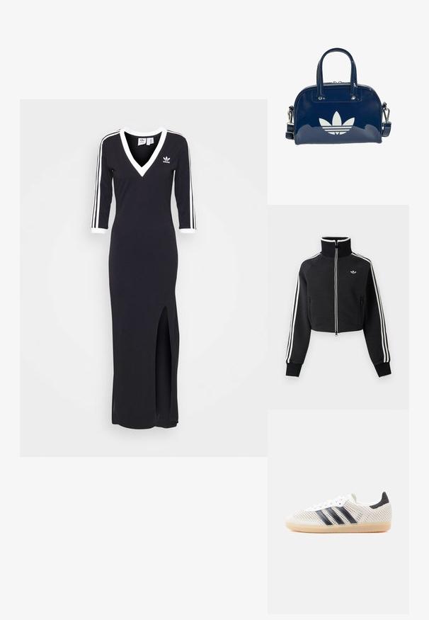 Sort cropped lynlåsjakke med høj krave, hvide striber langs ærmerne og lille hvid Adidas-logo på venstre bryst.; Sort, langærmet kjole med V-udskæring, hvide striber langs ærmerne og en sideslids. Lavet af blødt stof, har et lille logo på brystet.; Hvide mesh-sneakers med sort tre-stribet design, rundet tå og gummisål. Har blød hælkant og snørelukning.; Skinnende mørkeblå håndtaske med dobbelte håndtag og justerbar rem, med en stor hvid Adidas trefoil-logo på forsiden.