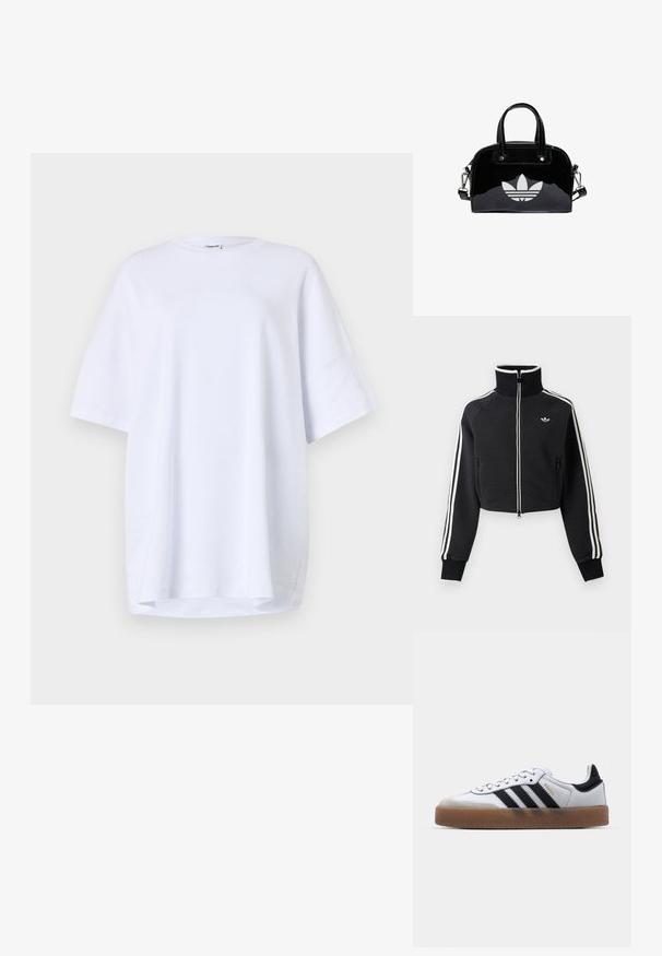 Čierna krátka bunda na zips s vysokým golierom, bielymi pruhmi na rukávoch a malým bielym logom Adidas na ľavej strane hrude.; Biela tričko s krátkym rukávom, voľného strihu, vyrobené z bavlny. Okrúhly výstrih, bočné rozparky na leme a hladká textúra bez viditeľných vzorov alebo akcentov.; Biele kožené tenisky s čiernymi pruhmi, gumová podrážka, okrúhla špička, šnurovanie a mäkký sivý semišový špička.; Čierna lakovaná kožená kabelka s okrúhlym tvarom, dvojitými hornými rúčkami, striebornými akcentmi a výrazným bielym logom na prednej strane.