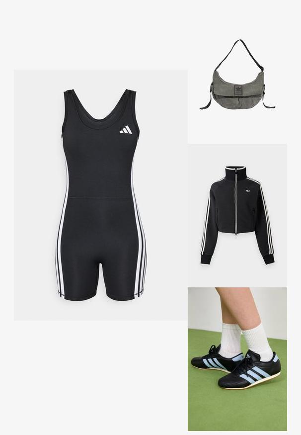 Veste courte noire zippée avec col montant, bandes blanches le long des manches et petit logo blanc Adidas sur la poitrine gauche.; adidas Performance ONESIE - Combinaison d'échauffement - black/white; Chaussures de sport en cuir noir avec des rayures bleu clair, tiges texturées et semelles en caoutchouc, accompagnées de chaussettes blanches à côtes sur un sol vert.; Sac à bandoulière Adidas en tissu gris avec une sangle noire réglable et un rabat avant avec un écusson logo Adidas.