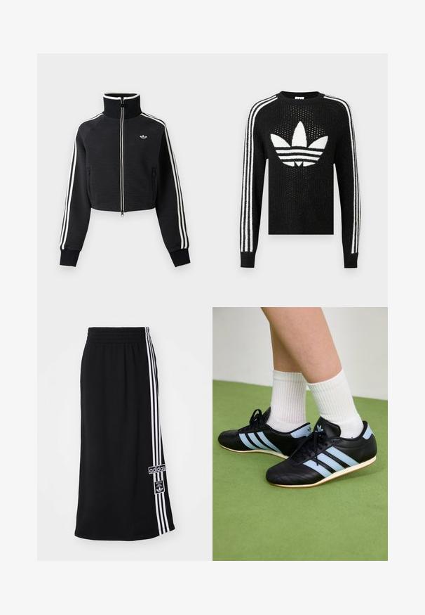 Schwarze, kurze Reißverschlussjacke mit hohem Kragen, weißen Streifen an den Ärmeln und kleinem weißem Adidas-Logo auf der linken Brust.; Schwarzer gestrickter Pullover mit einem weißen Adidas Trefoil-Logo und drei weißen Streifen an jedem Ärmel. Texturiertes Gewebe mit leichtem Schimmer.; Schwarzer Sportrock mit elastischem Bund, der an einer Seite drei weiße Streifen und ein Adidas-Logo-Patch aufweist. Glatte Stoffoberfläche.; Schwarze Leder-Sportschuhe mit hellblauen Streifen, strukturierten Obermaterialien und Gummisohlen, kombiniert mit weißen gerippten Socken auf grünem Boden.