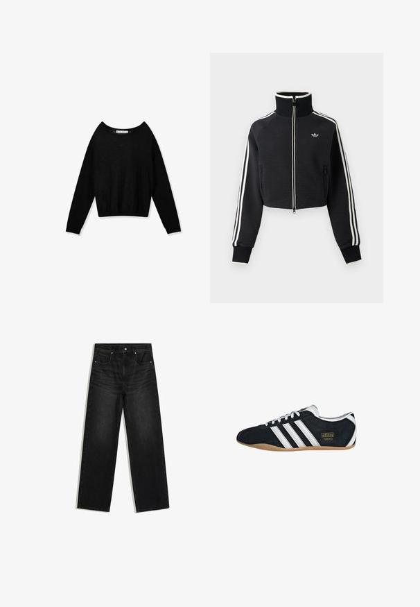 Sort cropped lynlåsjakke med høj krave, hvide striber langs ærmerne og lille hvid Adidas-logo på venstre bryst.; Sort langærmet striktrøje med rund hals og tætsiddende manchetter, vist på hvid baggrund.; Sorte denimjeans med lige ben, forlommer, bæltestropper og knaplukning, vist på hvid baggrund.; Sort ruskinds sneaker med hvide tre striber, guldlogo og en brun gummisål. Har et lavprofil snørebåndsdesign.