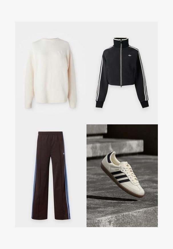 Zwarte cropped jas met rits en hoge kraag, witte strepen langs de mouwen en klein wit Adidas-logo op de linkerborst.; Witte, oversized fleece sweater met geribbelde manchetten en zoom. Heeft een klein, ton-sur-ton logo op de linkerkant van de borst. Zachte textuur en een ontspannen pasvorm.; Bruine trainingsbroek met lichtblauwe zijstrepen, elastische tailleband, zijzakken met rits en klein logo op de linker dij.; Witte Adidas Samba sneaker met zwarte strepen en gumzool, zwevend boven gestructureerde grijze betonnen treden.