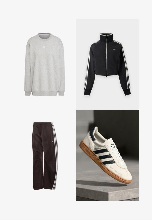 Schwarze, kurze Reißverschlussjacke mit hohem Kragen, weißen Streifen an den Ärmeln und kleinem weißem Adidas-Logo auf der linken Brust.; Grauer Sweatshirt aus weichem Stoff, mit Rundhalsausschnitt, langen Ärmeln, gerippten Bündchen und Saum, sowie einem kleinen weißen Logo auf der Vorderseite.; Schwarze Adidas Trainingshose mit weißen drei Streifen an den Seiten, elastischem Bund, seitlicher Reißverschlusstasche und Adidas-Logo am linken Bein.; Weiße Wildleder-Sneaker mit marineblauen Streifen, Gummisohle, strukturiertem Obermaterial, runder Zehenform und Schnürung; mit Branding an der Seite und auf der Zunge.