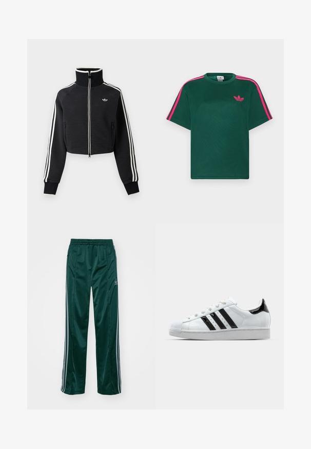 Zwarte cropped jas met rits en hoge kraag, witte strepen langs de mouwen en klein wit Adidas-logo op de linkerborst.; Groen T-shirt met korte mouwen, helderroze strepen op de schouders en het Adidas trefoil-logo op de borst.; Donkergroene sportbroeken van glanzend materiaal, met zijstrepens in lichtgrijs en een geborduurd logo op het linkerbeen.; Witte sneaker met zwarte gepatineerde accenten, drie zwarte strepen en een rubberen neuzenkap. Voorzien van witte veters en een gladde bovenkant.