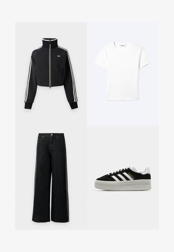 Chaqueta negra corta con cremallera, cuello alto, rayas blancas a lo largo de las mangas y pequeño logo blanco de Adidas en el pecho izquierdo.; Camiseta blanca lisa de manga corta con cuello redondo y una pequeña etiqueta "WEEKDAY" dentro del cuello, mostrada extendida sobre un fondo claro.; Vaqueros negros de pierna ancha con franjas laterales, bolsillos delanteros, trabillas para cinturón y cierre de botón metálico en la cintura.; Zapatillas negras de ante con detalles en cuero blanco, tres rayas blancas, cordones planos y una gruesa suela de plataforma gris. Marca "Gazelle" en dorado.