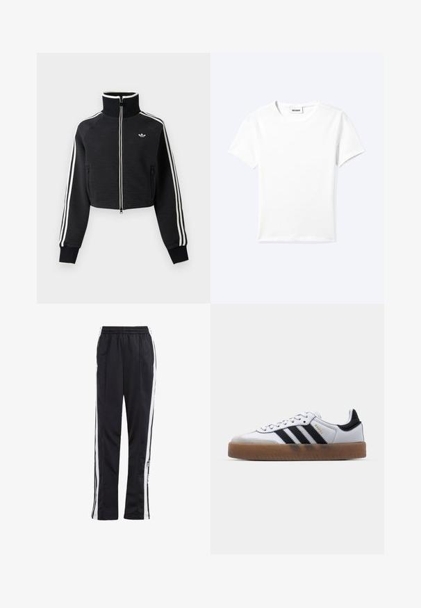Čierna krátka bunda na zips s vysokým golierom, bielymi pruhmi na rukávoch a malým bielym logom Adidas na ľavej strane hrude.; Jednofarebné biele tričko s krátkym rukávom a okrúhlym výstrihom, s malou štítkou "WEEKDAY" vo vnútri výstrihu, zobrazené na svetlom pozadí, položené na rovnej ploche.; Čierne tepláky so bielymi bočnými pruhmi, elastickým pásom a logom. Vyrobené z hladkej, ľahkej tkaniny. Rovný strih.; Biele kožené tenisky s čiernymi pruhmi, gumová podrážka, okrúhla špička, šnurovanie a mäkký sivý semišový špička.
