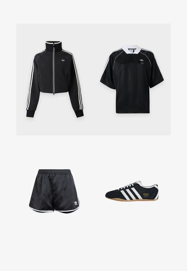 Zwarte cropped jas met rits en hoge kraag, witte strepen langs de mouwen en klein wit Adidas-logo op de linkerborst.; Zwart sportshirt met korte mouwen, witte accenten en een V-hals. Heeft verticale strepen en een klein logo op de borst.; Zwarte sportshorts van glad synthetisch materiaal, met witte zijaccenten en een geborduurd logo op de linkerbenedenhoek.; Zwarte suède sneaker met witte drie strepen, gouden logo en een bruine rubberen zool. Heeft een laag profiel vetersluiting ontwerp.