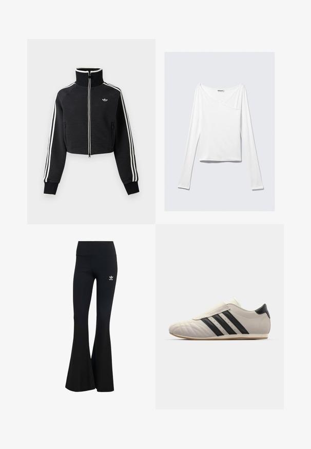 Mustast lühike lukuga jakk kõrge kraega, valgete triipudega varrukatel ja väikese valge Adidas logoga vasakul rinnal.; Valge pika varrukaga topp, millel on ristatud disain ja tasku. Valmistatud siledast ja venivast kangast. Lõige on kaunis ja lõdva sobivusega.; Mustad ribad flared retuusid laia vöökohtaga, millel on vasakul ülal väikene valge Adidas'i logo. Pehme kangastekstuuri.; Heled hallid tenniseketid mustade triipudega, ümmarguse varbaga, sileda nahkpealsega, klõpsuga rihmaga ja kummist tallaga.