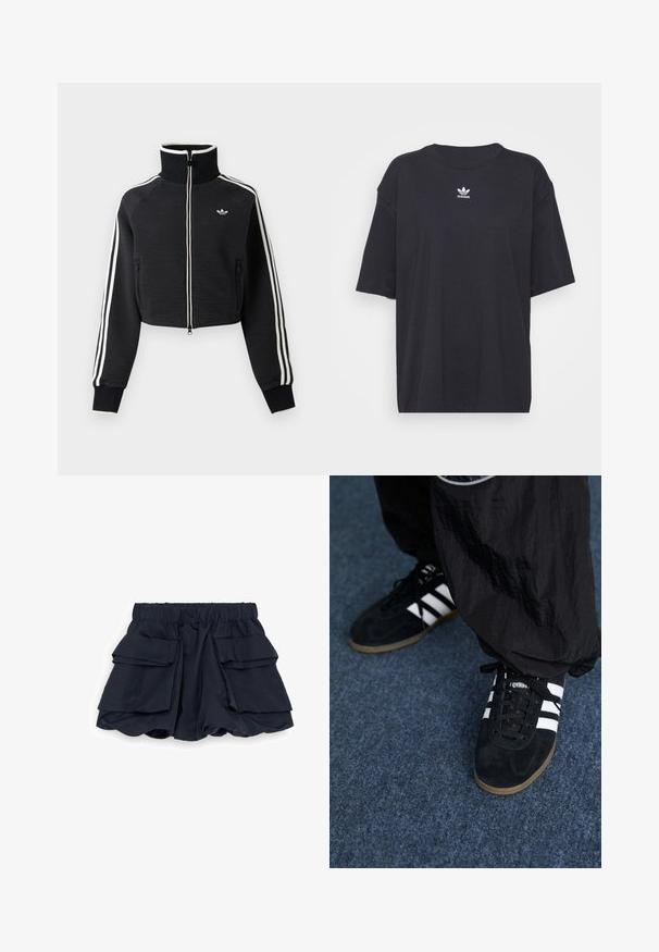 Veste courte noire zippée avec col montant, bandes blanches le long des manches et petit logo blanc Adidas sur la poitrine gauche.; T-shirt en coton noir à manches courtes, col rond, avec un logo Adidas blanc sur la poitrine. Design simple, coupe décontractée.; Shorts bleu marine avec une large ceinture élastique et de grandes poches cargo de chaque côté, présentant un design ample et légèrement bouffant.; Des chaussures de sport en suède noir avec trois rayures blanches et des lacets noirs. Un pantalon noir texturé est partiellement visible à côté des chaussures.