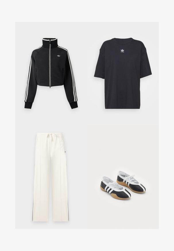 Zwarte cropped jas met rits en hoge kraag, witte strepen langs de mouwen en klein wit Adidas-logo op de linkerborst.; Zwarte katoenen T-shirt met korte mouwen, ronde halslijn, voorzien van een wit Adidas-logo op de borst. Eenvoudig ontwerp, comfortabele pasvorm.; Witte sweatpants met wijde pijpen, een elastische taille met trekkoord, zijzakken, verticale naaddetails en subtiele zwarte strepen langs de buitenkant van de broekspijpen.; Zwart-witte sport schoenen met een slank ontwerp, rubberen zool, vetersluiting en drie witte strepen aan de zijkanten.